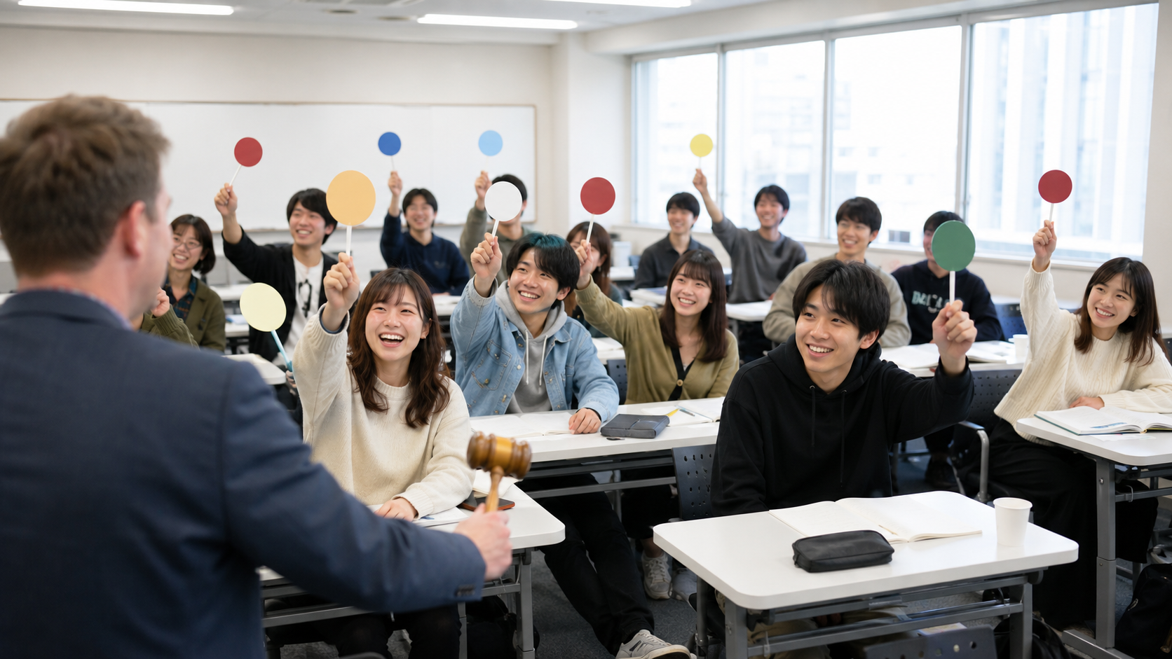 University students raising colored paddles during a classroom sales activity