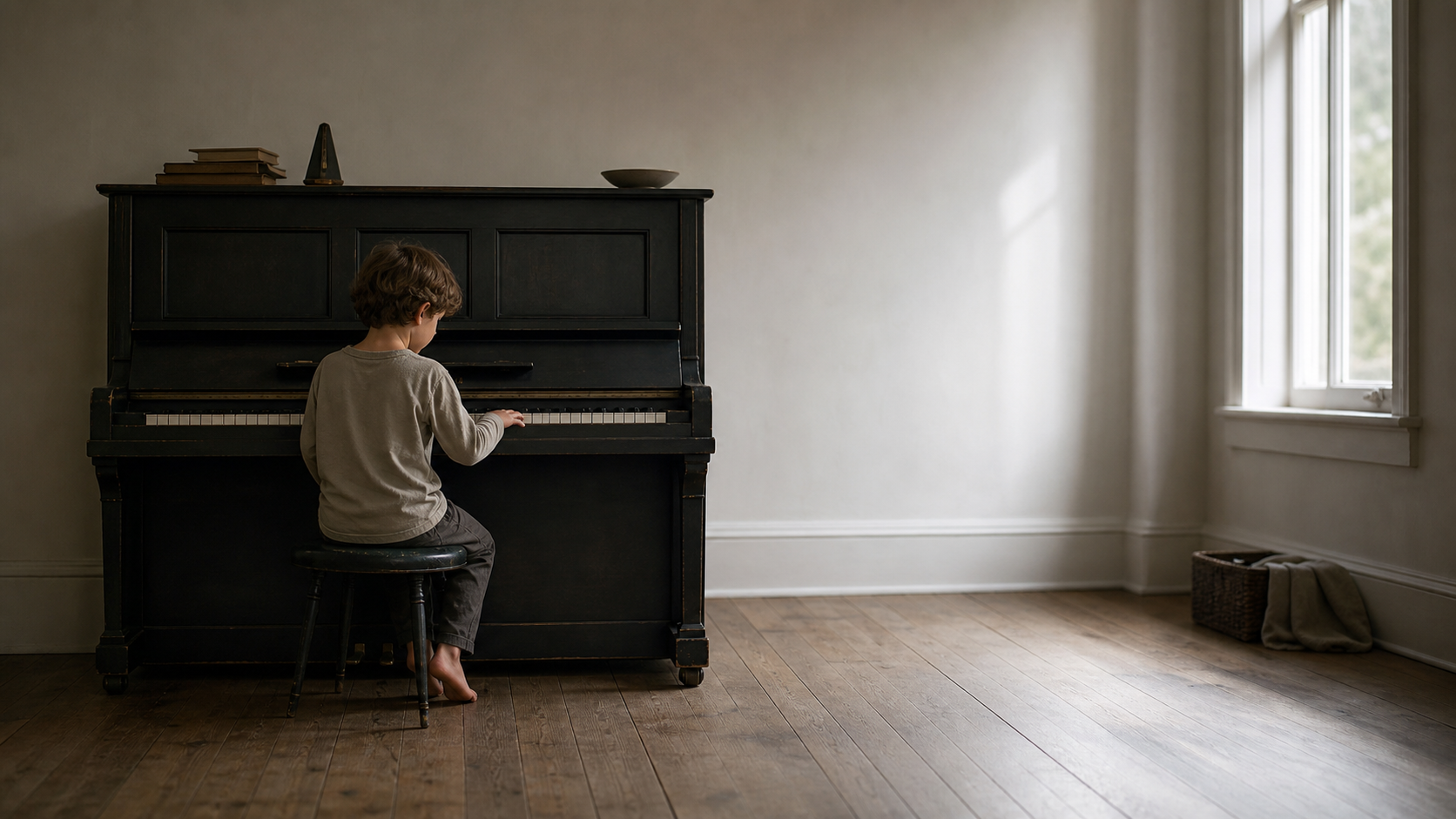 A solitary child exploring a piano in an empty room