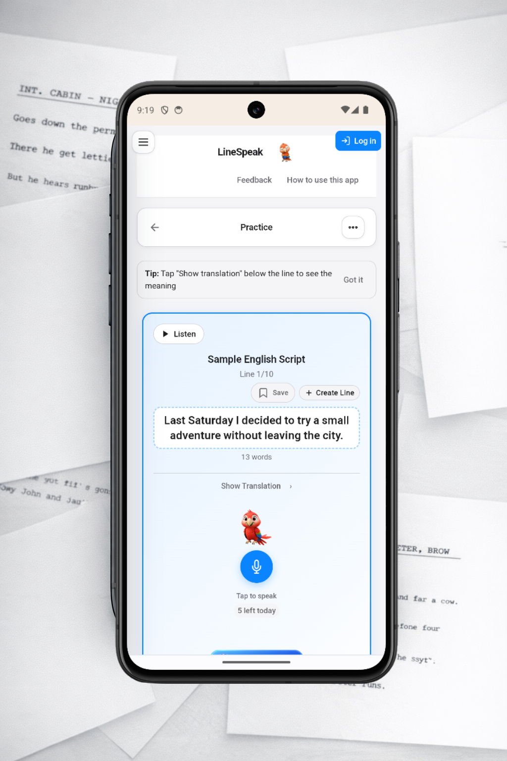 LineSpeak app showing line-by-line speaking practice and instant pronunciation feedback