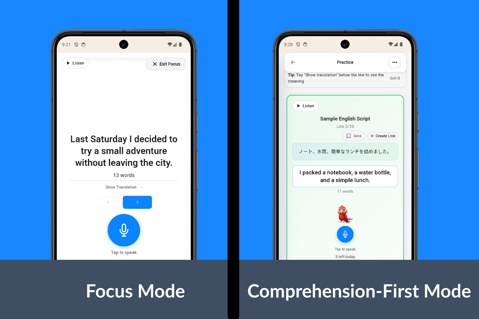 LineSpeak Focus Mode and Comprehension-First Mode views with large text and translation preview
