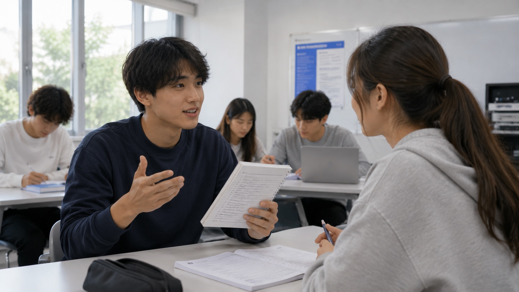 Students using writing notes to support speaking practice in a language classroom