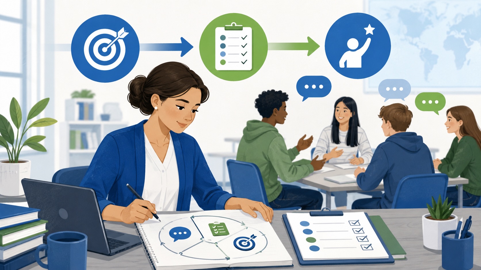 Teacher planning aligned assessment while students practice classroom communication